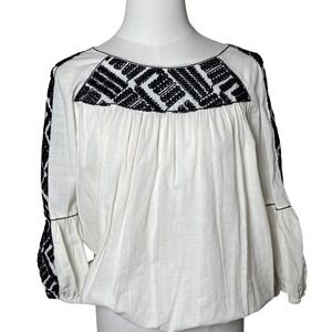 Embroidered Peasant Blouse Cotton Gauze White Boho Max Edition Women M